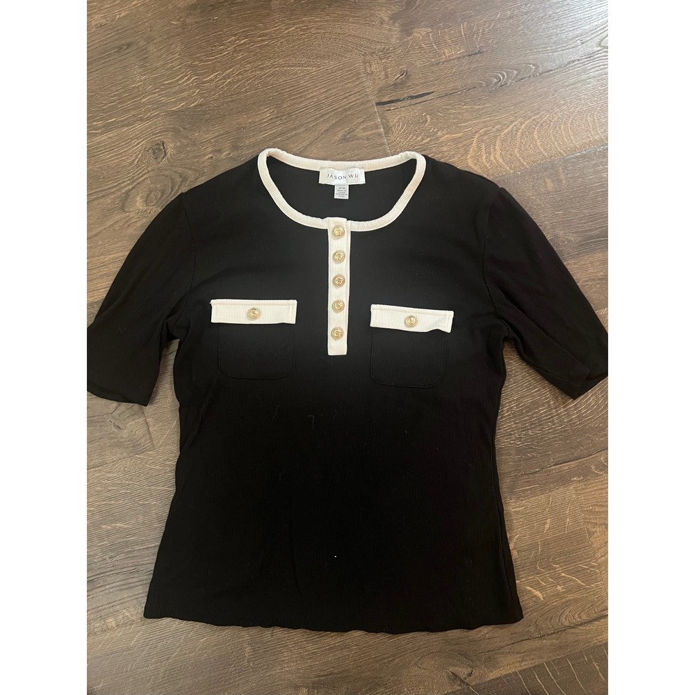 JASON WU Black Ribbed Knit Top White Trim Gold Button‎ Accent Women M